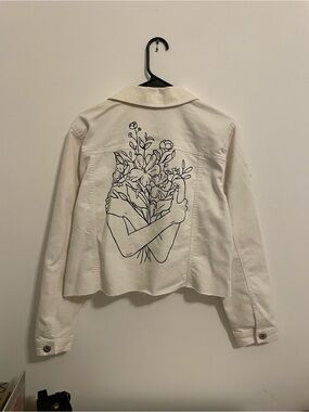 Hand Painted White Cropped Denim Jacket - Feminine Floral